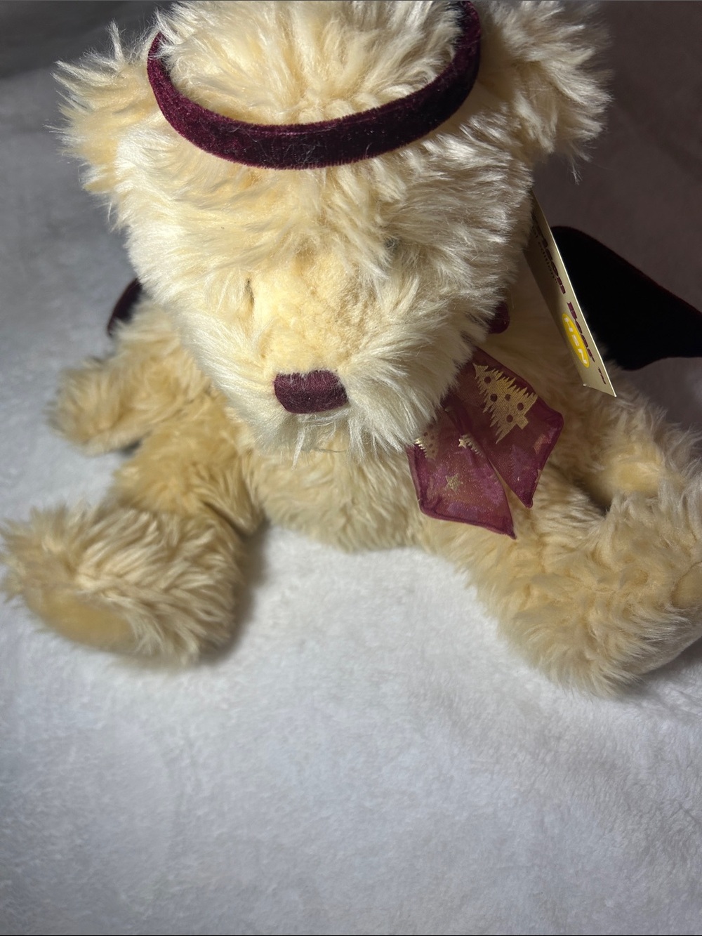 Plush Beige Teddy Bear with Burgundy Accents - Soft Kids Toy